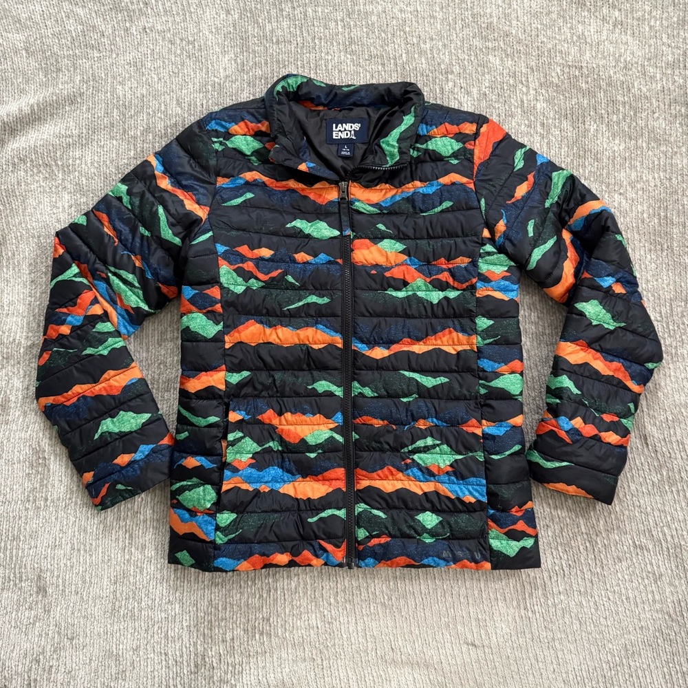 Lands’ End‎ Quilted Puffer Jacket L 14–16 Colorful Mountain Print Girls Boys